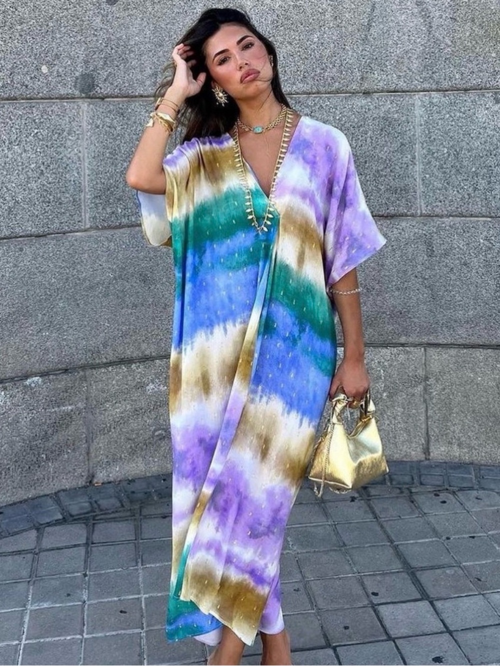 Zara Purple Blue Green Gold Tie-Dye V-Neck Maxi Dress
